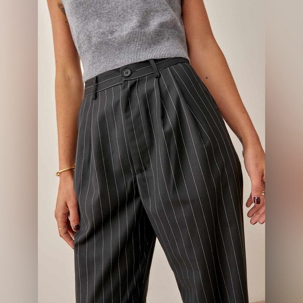 NWT Reformation Wool Blend Black Pinstripe Oren Wide Leg Pant Size 2 Petite - Picture 3 of 13